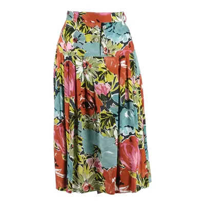 Womens Pleated Skirt Green Midi Viscose Floral L