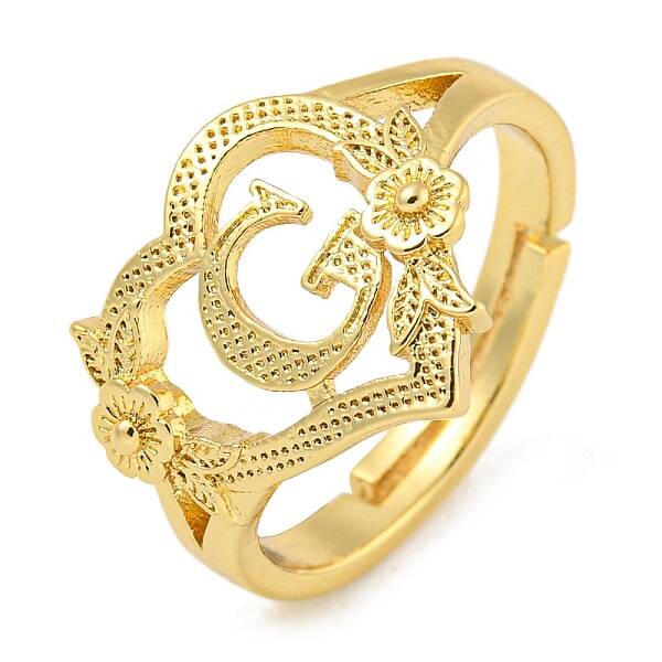 Heart with Letter & Flower Rack Plating Brass Adjustable Rings for Women