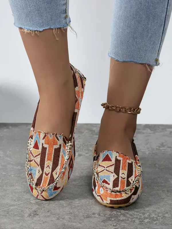 Women's Casual Ethnic Pattern Slip on Flats, 1 Pair Casual Boho Style Round Toe Flat Shoes for Daily Wear, Non-slip Comfortab...