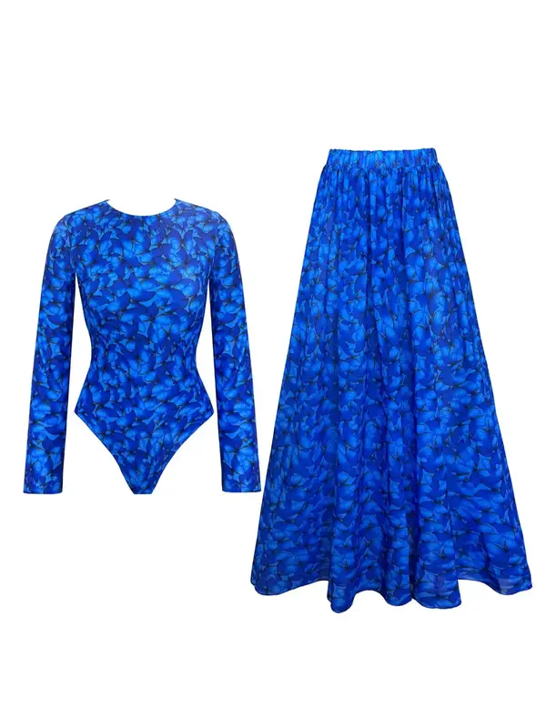 Women's Butterfly Print Zipper One-piece Swimsuit & Elastic Waist Skirt Islamic Swimsuit Set, Casual Long Sleeve Round Neck S...