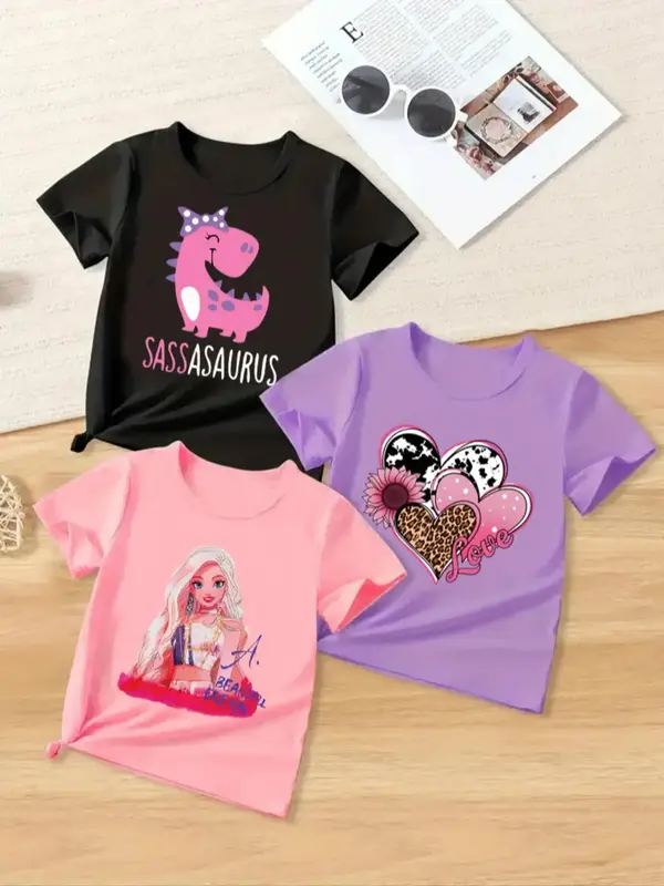 Girl's Cartoon Figure & Heart & Letter Print Round Neck Tee, Casual Short Sleeve T-shirt for Summer, Kids Clothes for Daily W...