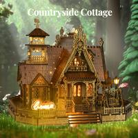 FUNPOLA LED 3D Wood Puzzle Countryside Cottage Model - DIY Miniature Building Kit with Spark LED Lights - 3D Craft Rural Arch...