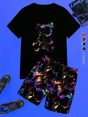 Two-Piece Set Men's Regular Fit Reflective Cartoon Bear Print Short Sleeve Tee & Pocket Elastic Waist Shorts Set, Casual Rou...