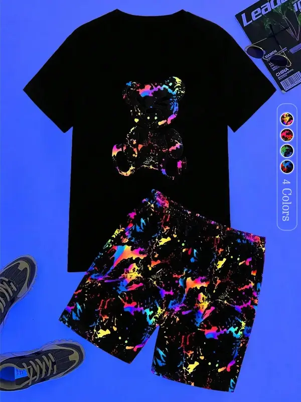 Two-Piece Set Men's Regular Fit Reflective Cartoon Bear Print Short Sleeve Tee & Pocket Elastic Waist Shorts Set, Casual Rou...
