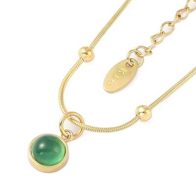 Flat Round 304 Stainless Steel with Natural Green Aventurine Pendant Necklaces for Women