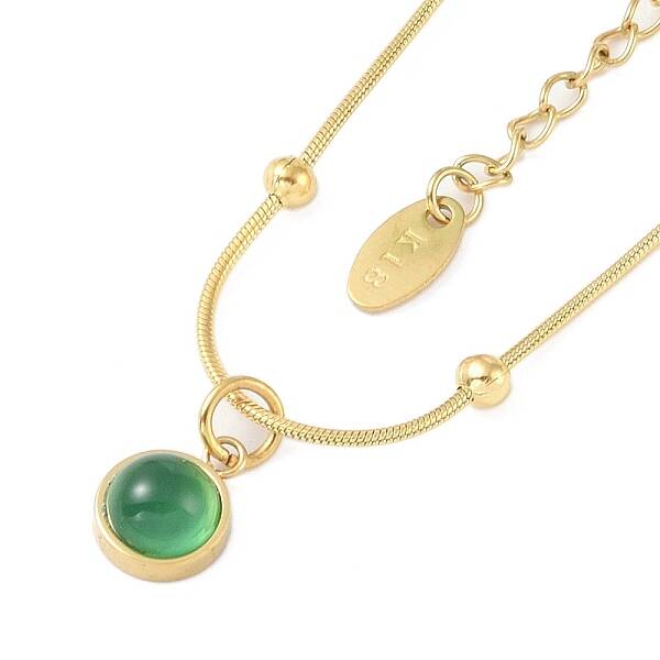 Flat Round 304 Stainless Steel with Natural Green Aventurine Pendant Necklaces for Women