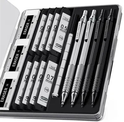 Four Candies 4PCS Metal Mechanical Pencils Set with Case, 0.5mm & 0.7 mm Artist Pencil with 8 Tubes (480PCS) HB Lead Refills,...