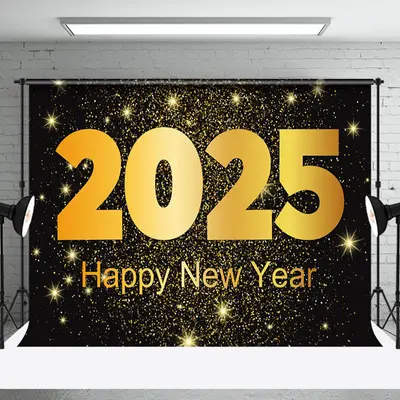 Aperturee Black Gold Star Sparkle 2025 Happy New Year Backdrop