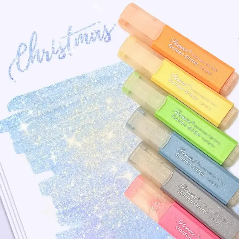 Shimmering Glitter Highlighter Pen, 6 Counts/set Pastel Highlighter Marker Pen, Flexible Highlighter Pen for Students