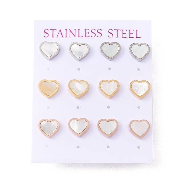 6 Pairs Natural White Shell Heart Stud Earrings