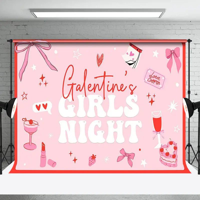 Pink Bow Tie Heart Galentines Girls Night Backdrop - Aperturee