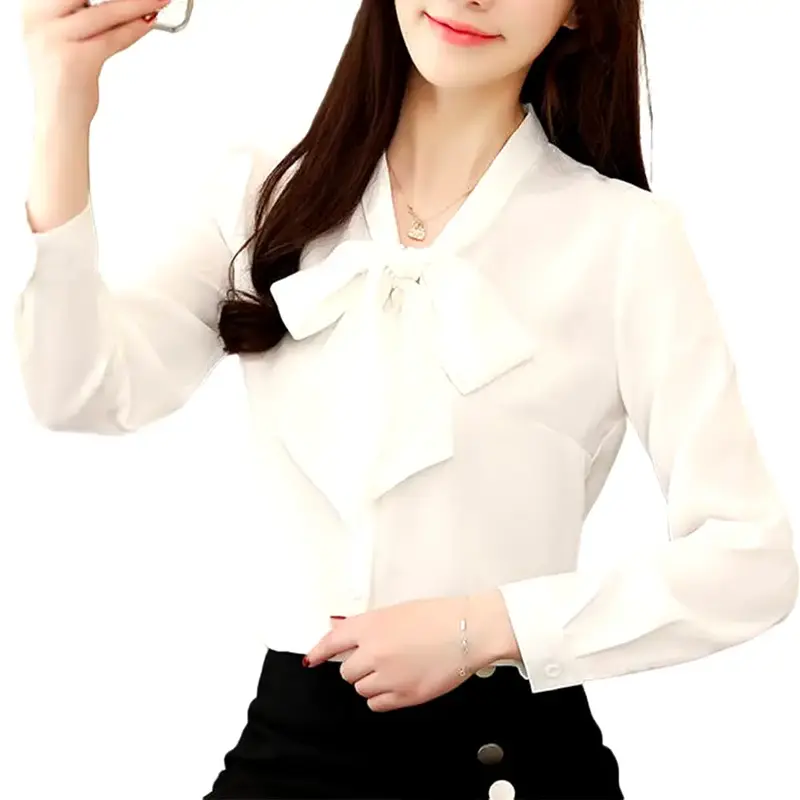 Classy Elegance Women Fashion Solid Color Long Puff Sleeve Blouse Buttons nNecktie Bowknot SANWOOD Long Sleeve Formal Long Sl...