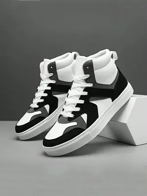 Men's Trendy Colorblock Lace-up Mid Top Trainers Sneakers, Lightweight Comfortable Closed Toe Sneakers, Casual Sports Walking...