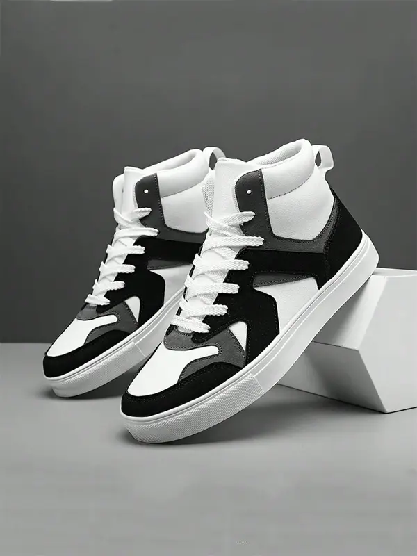 Men's Trendy Colorblock Lace-up Mid Top Trainers Sneakers, Lightweight Comfortable Closed Toe Sneakers, Casual Sports Walking...