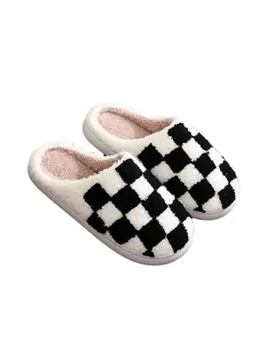 Women's Checked Pattern Round Toe Plush Slippers, Casual Soft Comfortable Plaid Pattern Home Slippers for Fall & Winter Indoo...