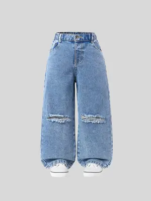 Girl's Plain Ripped Denim Jeans, Casual Comfy Pocket Denim Trousers for Daily Wear, Kids Bottoms for All Seasons