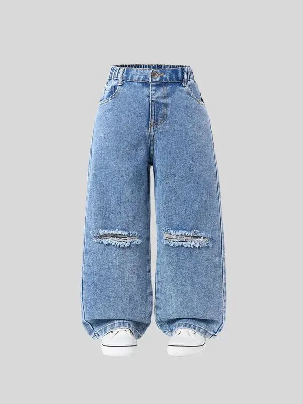 Girl's Plain Ripped Denim Jeans, Casual Comfy Pocket Denim Trousers for Daily Wear, Kids Bottoms for All Seasons