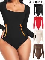 Women's Solid Square Neck Long Sleeve Shapewear Bodysuit, Casual Basic Minimalist Comfy Tummy Control Butt Lift Shaper, Ladie...