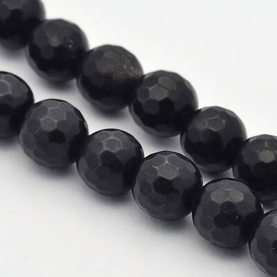 Faceted Round Natural Black Stone Beads Strands