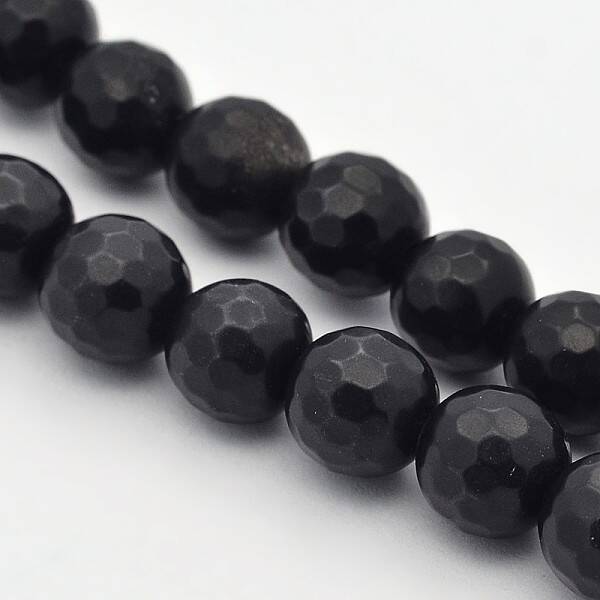 Faceted Round Natural Black Stone Beads Strands