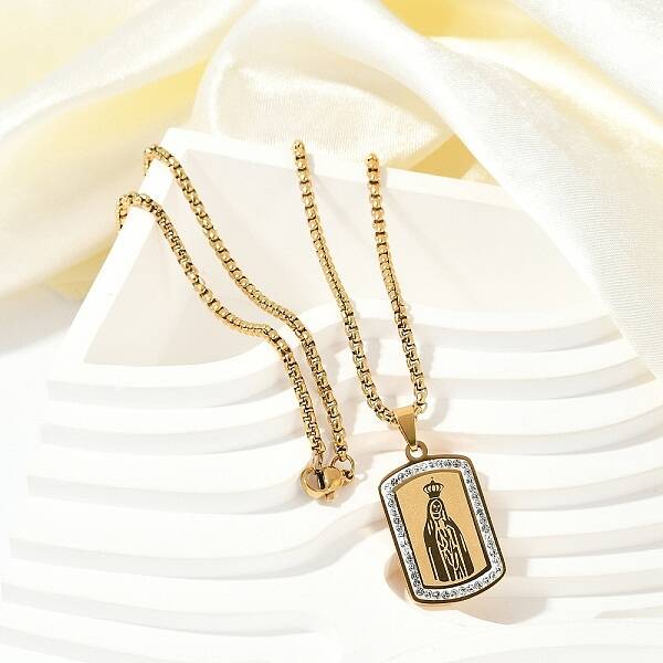 304 Stainless Steel Micro Pave Clear Cubic Zirconia Virgin Mary Pendant Box Chain Necklaces for Men