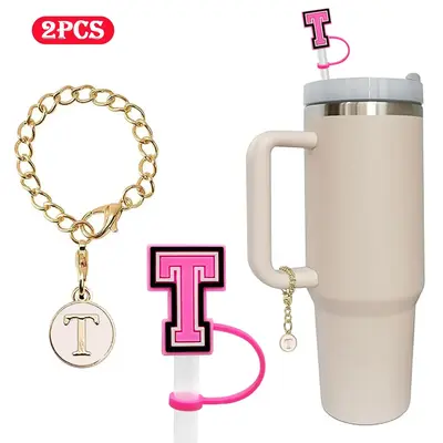 Letter Pattern Tumbler Charm & Straw Topper, 2 Counts Straw Cover with Name Tag, Stylish Cup Accessories, Letter Pendant & St...