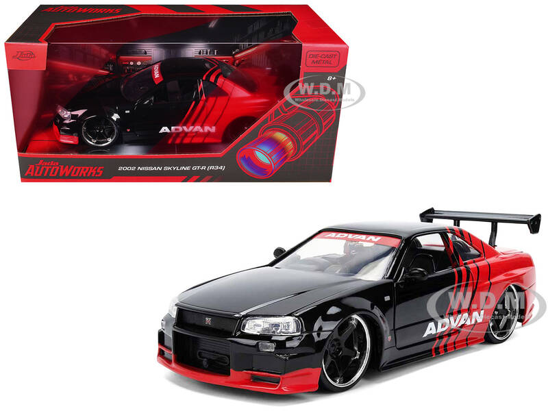 2002 Nissan Skyline GT-R (R34) RHD (Right Hand Drive) ADVAN Black and Red AutoWorks Series 1/24 Diecast Model Car by Jada