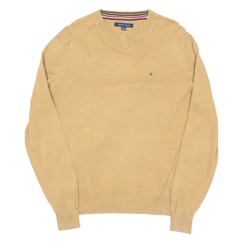 TOMMY HILFIGER Mens Jumper Beige V-Neck Tight Knit M