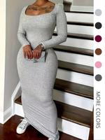 Women's Solid Scoop Neck Ribbed Bodycon Dress, Casual Long Sleeve Long Dress for Fall & Winter, Dresses for Women, Women's Cl...