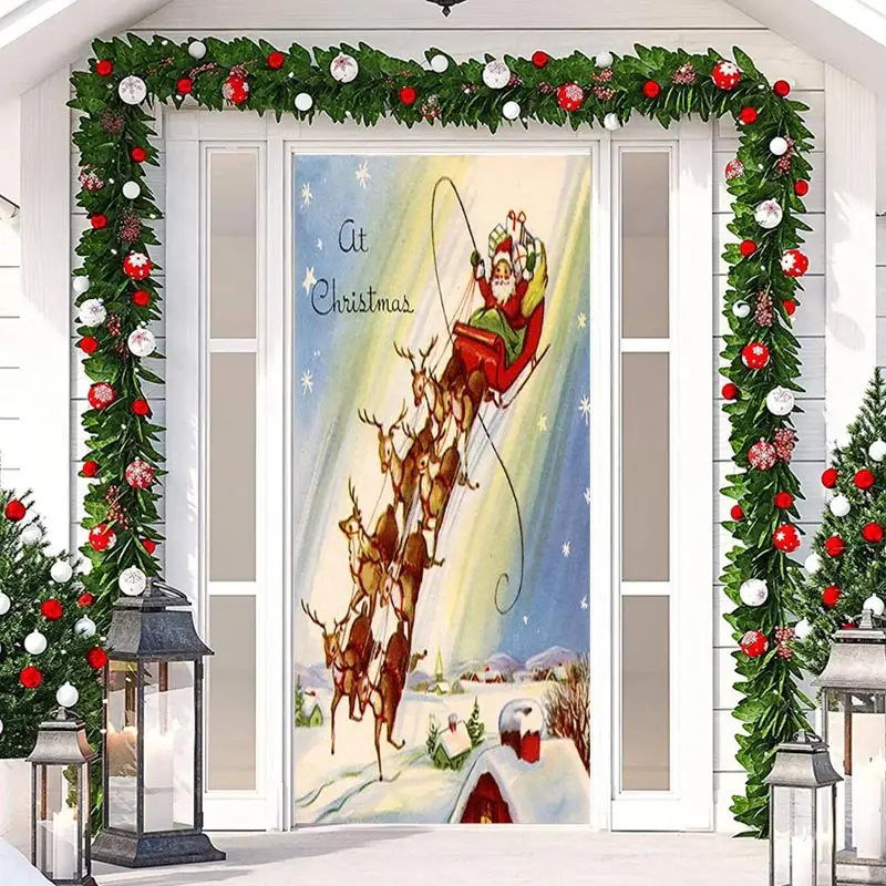Elks Sled Santa Claus Snowfield Christmas Door Cover - Aperturee