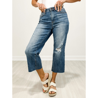 Judy Blue DELLA High-Waist Distressed Wide Leg Crop Jeans