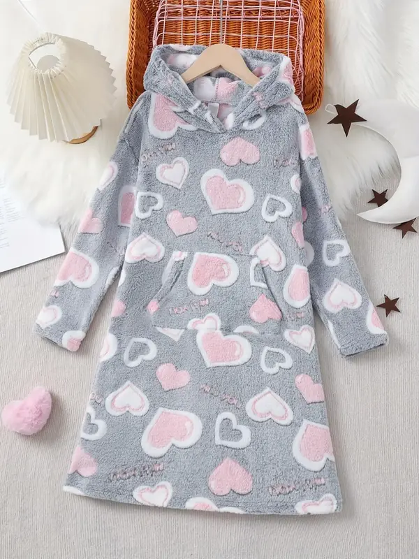 Girls' Heart Print Fleece Lined Hoodie, Warm Thickened Comfortable Pullover with Large Pockets, Cozy Autumn Winter Top for Wo...