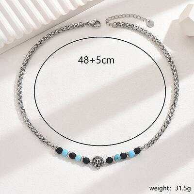 Vintage Stainless Steel Lion Head Synthetic Turquoise Beaded Necklaces for Daily Wear
