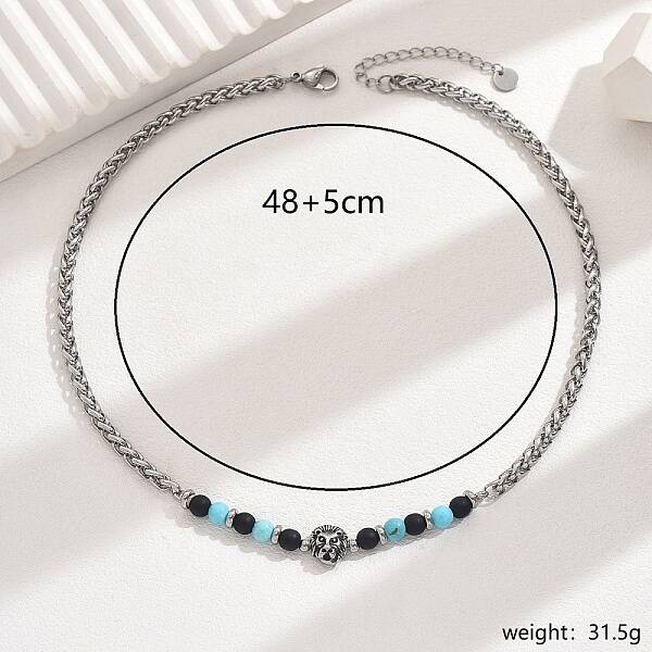 Vintage Stainless Steel Lion Head Synthetic Turquoise Beaded Necklaces for Daily Wear