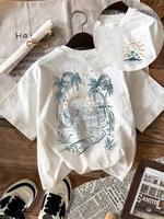 Women's Cartoon Beach Print Round Neck Graphic Tee, Casual Short Sleeve T-shirt for Summer Vacation, Ladies Clothes for Daily...