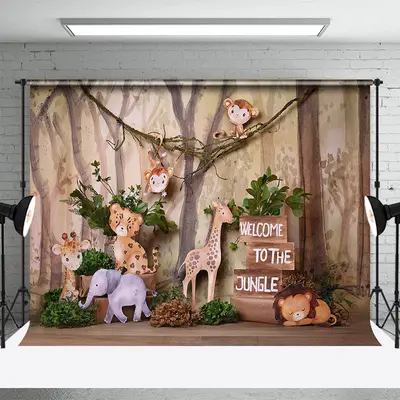 Aperturee Safari Animals Jungle Forest Cake Smash Backdrop, 3X2FT(1MX0.6M), 14 USD, birthday cake smash backdrops, YZHD0O51-M