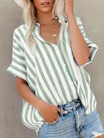 Women's Striped Print Button Shirt, Casual Short Sleeve Top for Summer, Ladies Clothes for Daily Wear