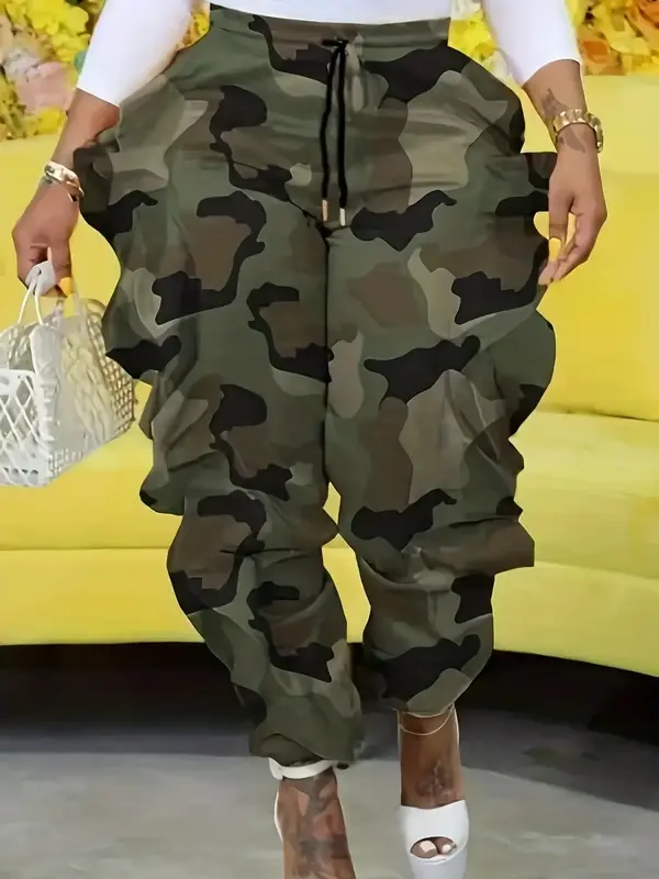 Women's Camo Print Ruffle Trim Drawstring Waist Pants, Fitted Streetwear Clothes, Pants for Women, Summer Outfits, Breathable...