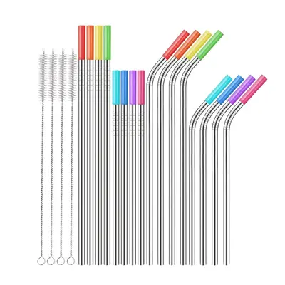 Drinking Straw Set, 20pcs Reusable Stainless Steel Straw with Straw Brush & Silicone Tip Set, Healthy Sustainable Straw, Tumb...
