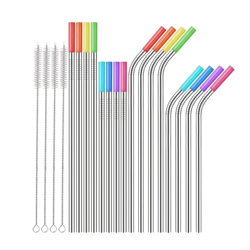 Drinking Straw Set, 20pcs Reusable Stainless Steel Straw with Straw Brush & Silicone Tip Set, Healthy Sustainable Straw, Tumb...