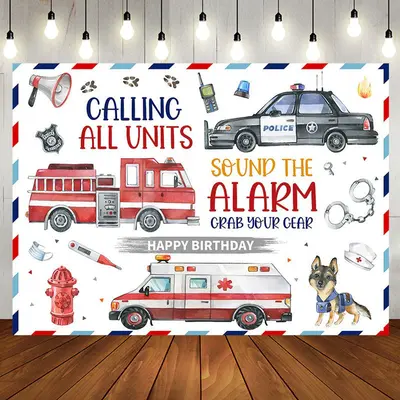 Police Fire Truck Ambulance Happy Birthday Backdrop - Aperturee