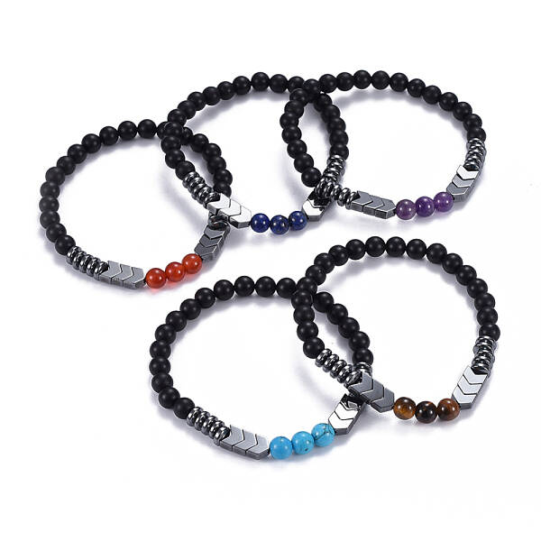 Natural Black Agate(Dyed) & Mixed Stone Beads Stretch Bracelets