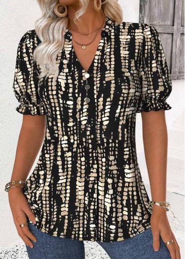 Modlily Black Geometric Print Short Sleeve Stand Collar Blouse - M