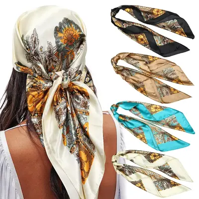 AWAYTR 4PCS/set 35β Large Square Head Scarves Silk Like Neck Scarf Bandana Hair Sleeping Head Wrap Fashionable Hair Scarfs ...
