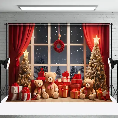 Aperturee Snowflake Bears Tree Window Scene Christmas Backdrop - Aperturee