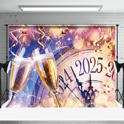 Aperturee Sparks Clock 2025 Champagne Ribbons New Year Backdrop - Aperturee