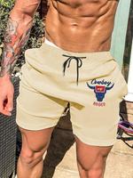 Men's Bull Head & Letter Print Drawstring Pocket Shorts, Regular Fit Casual Elastic Waist Shorts for Summer, Men's Bottoms f...
