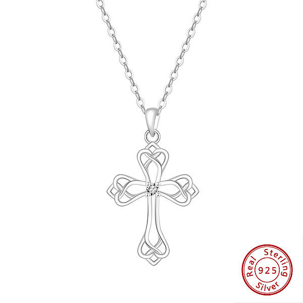 Rhodium Plated 925 Sterling Silver Pave Clear Cubic Zirconia Knot Cross Pendant Necklaces for Women