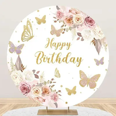White Gold Floral Butterfly Round Birthday Backdrop - Aperturee