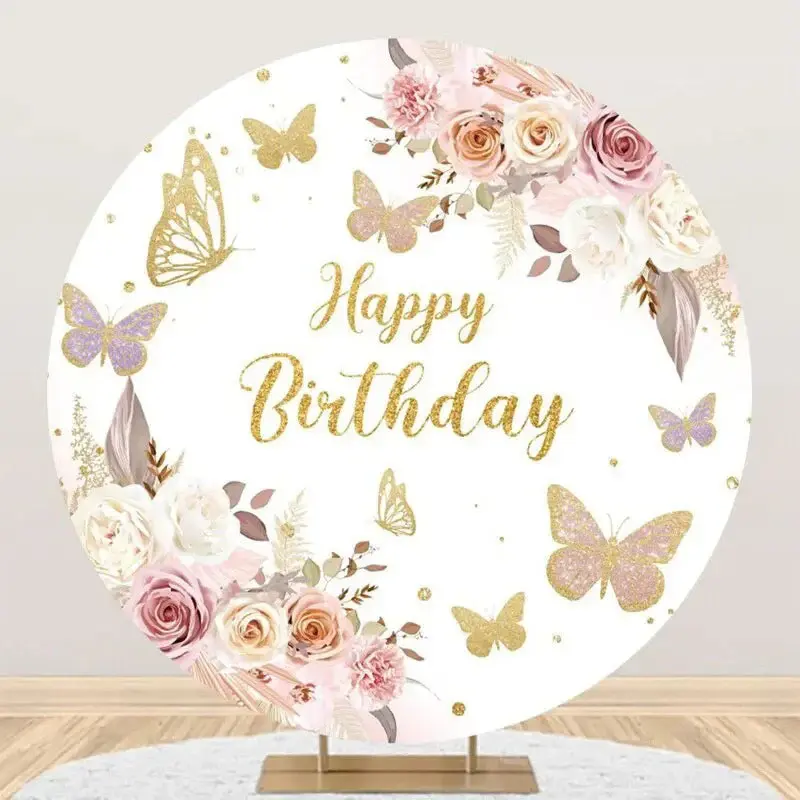 White Gold Floral Butterfly Round Birthday Backdrop - Aperturee